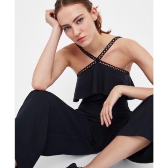 Zara Black Lace Trim Wide Leg Crop Jumpsuit - Picture 16 of 16